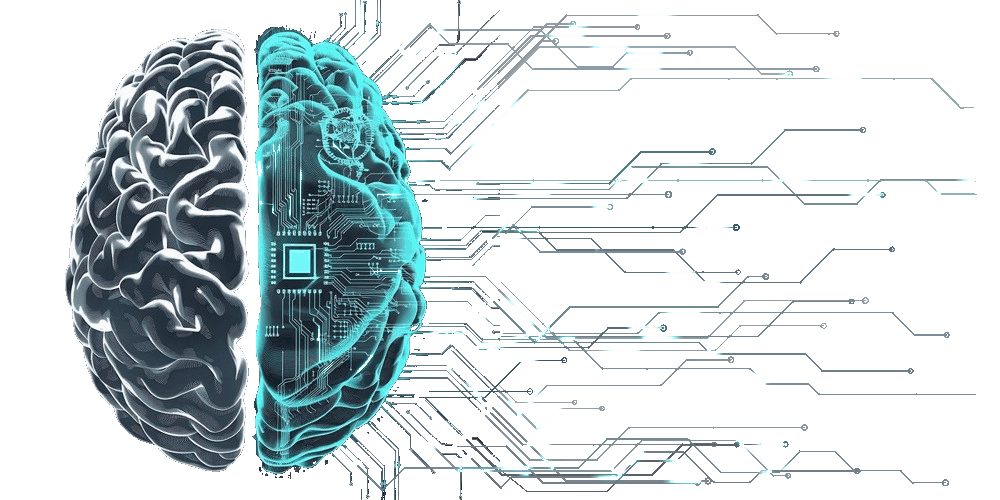 Human brain transitioning into animated cyan computational circuitry